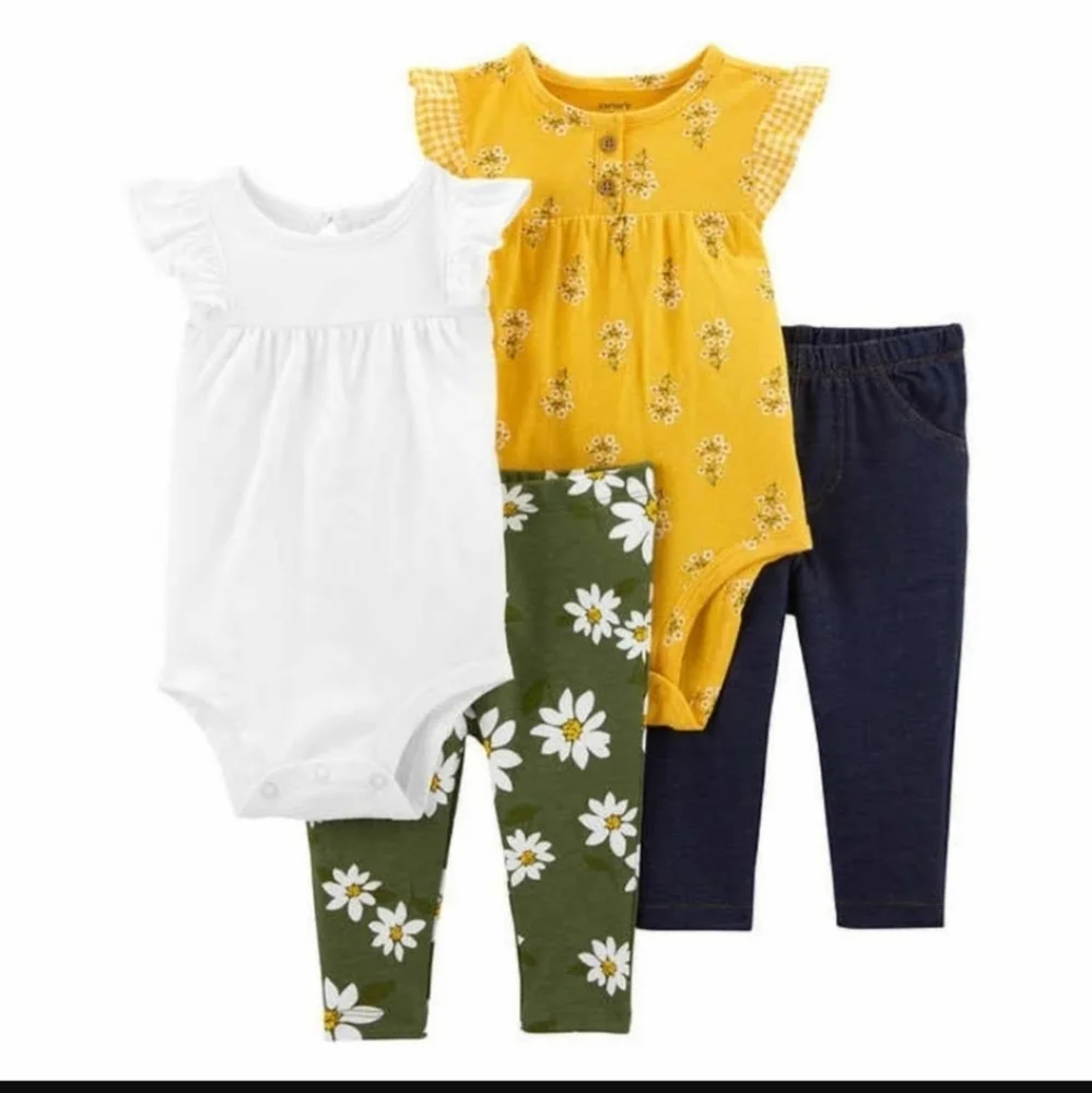4 Pack)Carters Baby Girl Sz 3 Months Yellow White Daisies Bodysuit‎ Pants Cotton